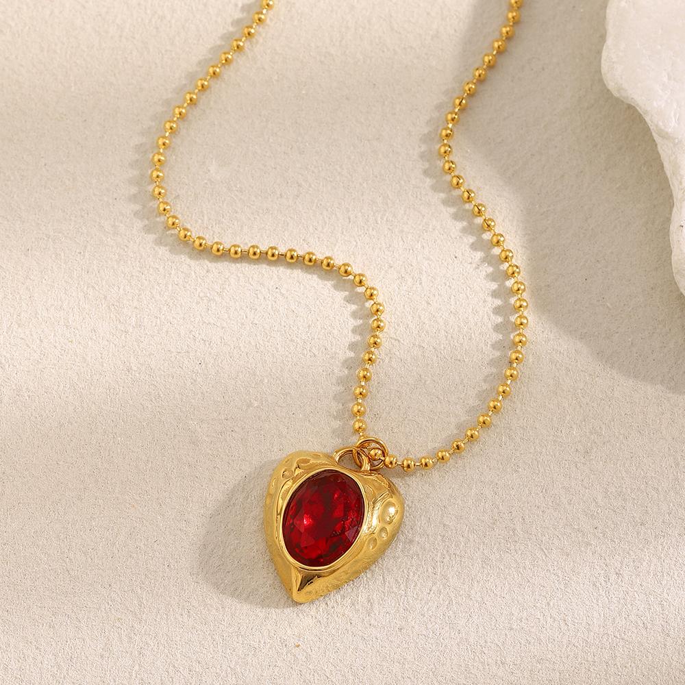 Stainless Steel Ruby Love Bead Chain Necklace, Waterproof, Gold Pendants, Gift for Women