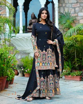 Party Wear Designer Chinon Silk Salwar Suit Palazzo Indian Women Bollywood Pakistani Dress