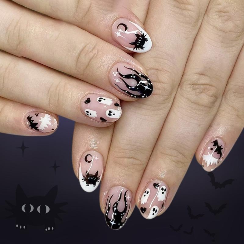 

24Pcs Halloween Press on Nail,Almond Fake Nail Bat Acrylic Nail Glossy False Nail Stick on Nail Full Cover Fake Nail 1