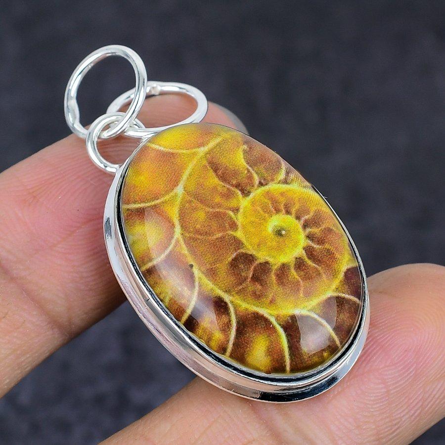 Natural Ammonite Fossil Gemstone 925 Sterling Silver Jewelry Pendant 1.85" N8R56