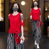 Fashion Suit Women's Summer Off-the-shoulder Irregular Blouse Striped Pants Large Size Two-piece Suit