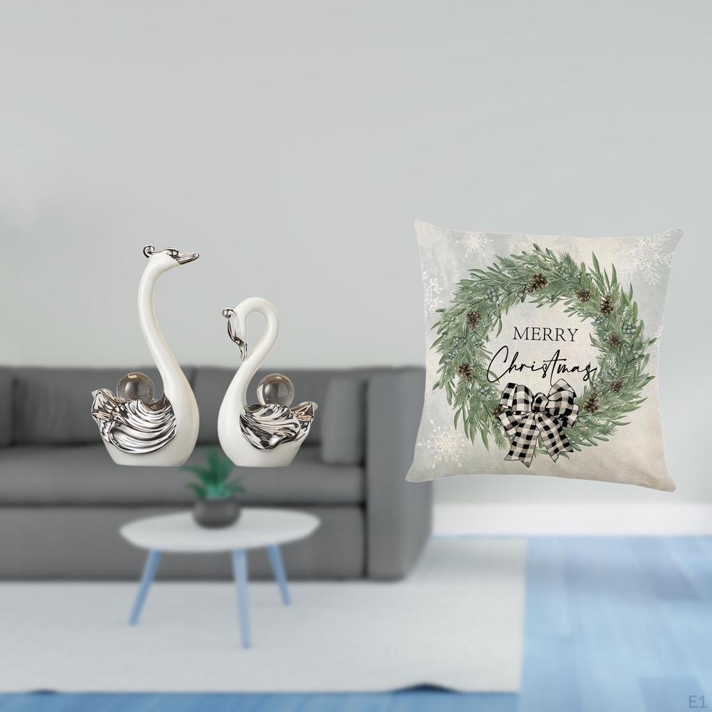 Porcelain Swan Figurine And Christmas Pillow Cover Collection Elegant Animal Statue Ornament with