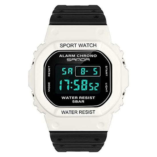 un bel tocco Digital Watch for Men and with LED and 8 Colors Women, Alarm, Stopwatch, Backlight, (White-Black)