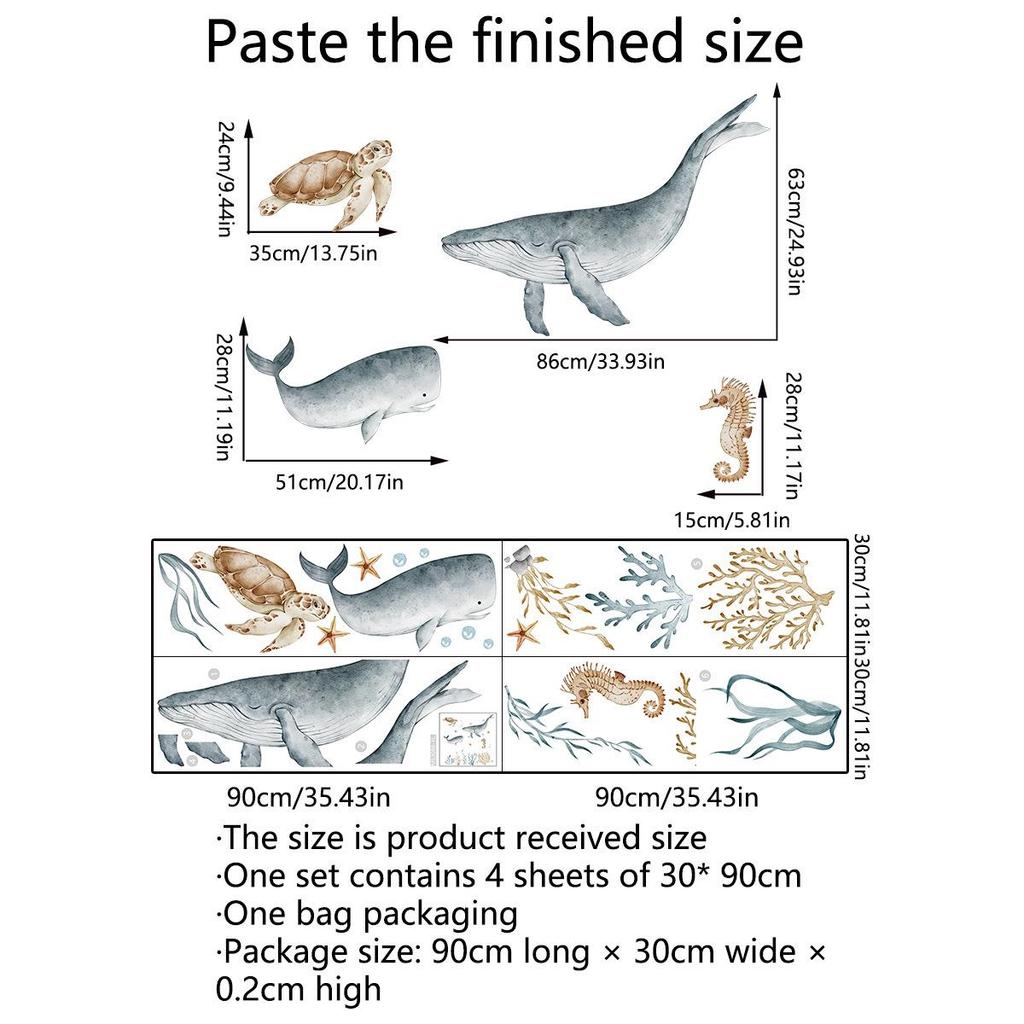 Large Undersea Animal Wall Sticker - Watercolor Whale & Turtle Design