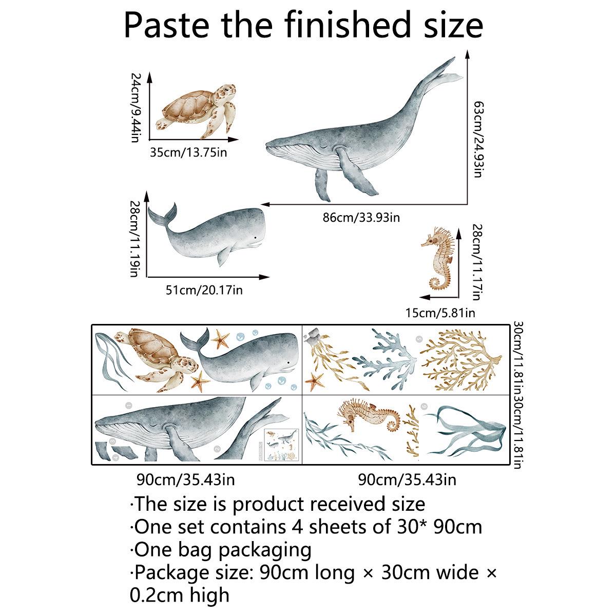 

Large Undersea Animal Wall Sticker - Watercolor Whale & Turtle Design