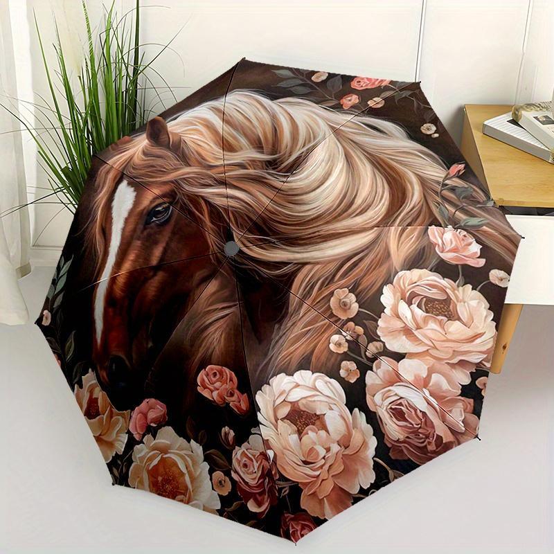 

1pc Elegant Horse Portrait & Floral Frame Automatic Folding Umbrella - 8-Rib Compact Lightweight Retractable Travel Umbrella, Iron&8K