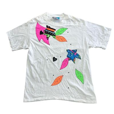 Vintage Blumen T-Shirt Besticktes Blatt Single Stitch 90er Weiß Herren