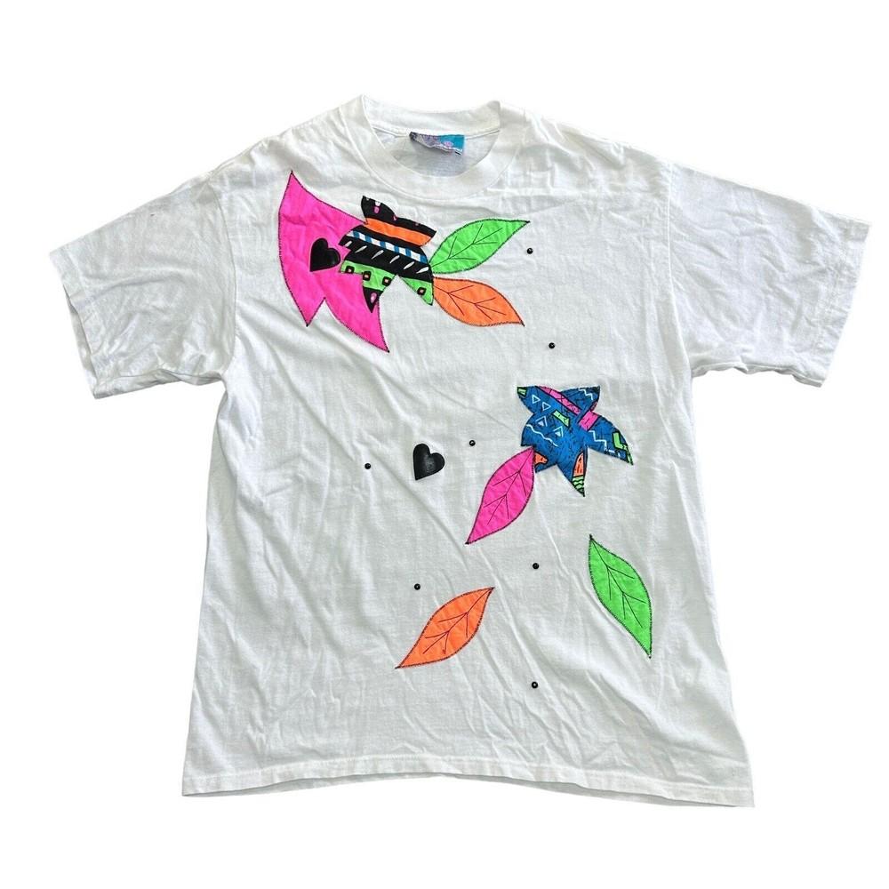 

Vintage Floral T-shirt Embroidered Leaf Single Stitch 90s White Mens S