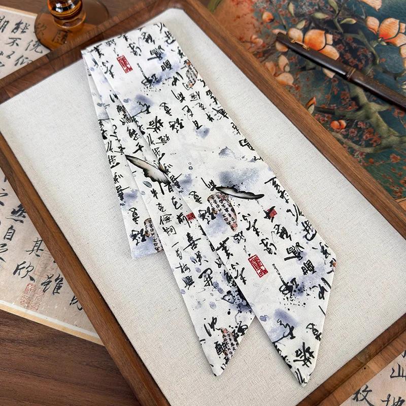 New Chinese Style Ribbon Headband Bow Hair Ring Hair Rope Butterfly Printing Silk Scarf Woman Tied Hair Turban Fashion Headdress