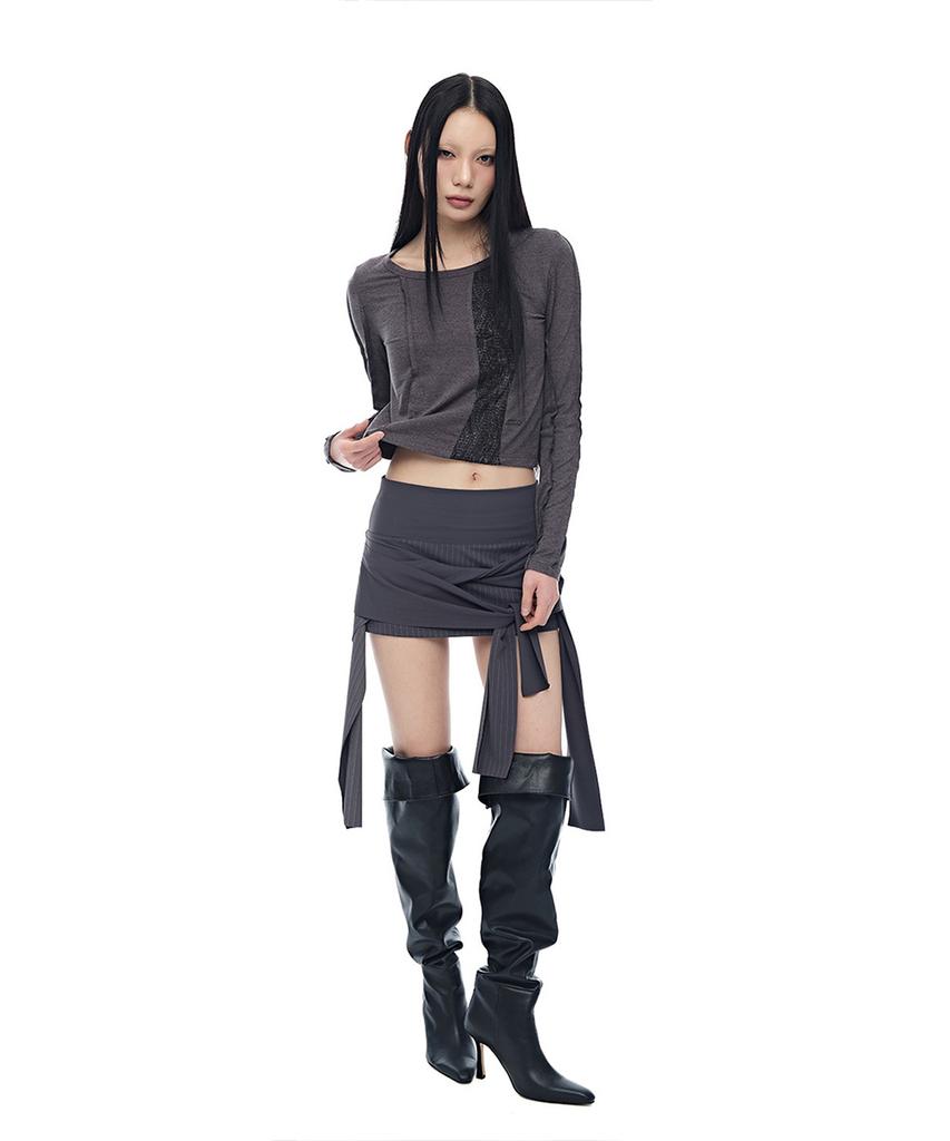 HALF DEVIL US Panel Cut Crop T-Shirt_Charcoal