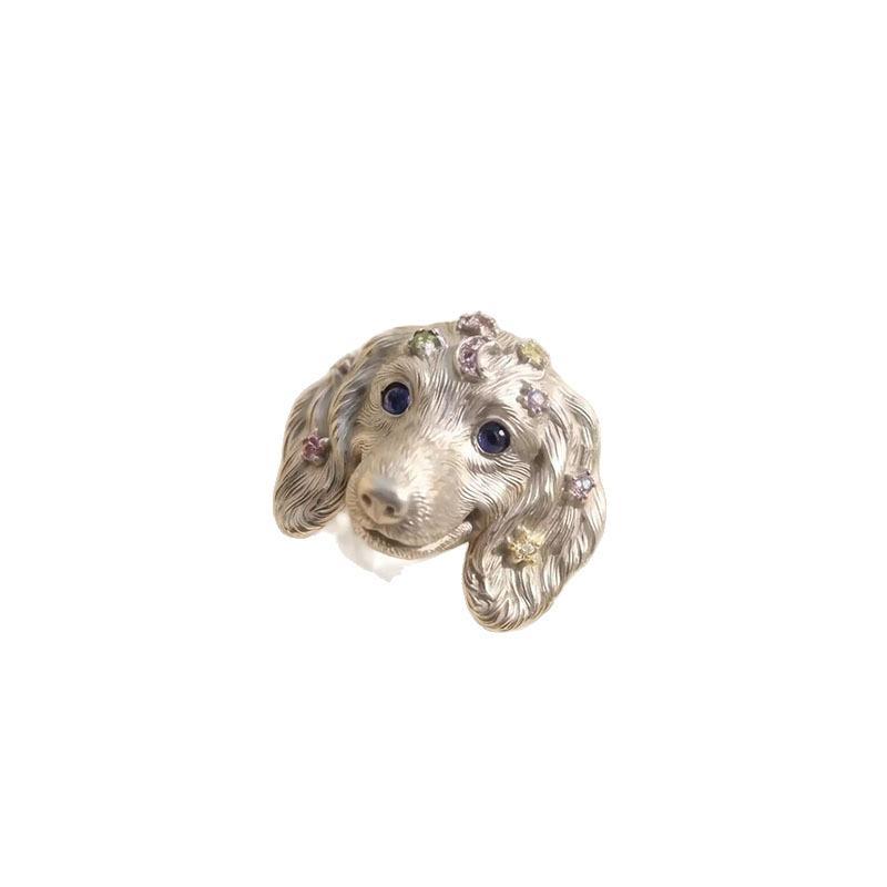 Cute Kitten Puppy Head Ring With Bow & Sparkly Stones Unique Animal Jewelry For Women Perfect Gift For Cat Dog Lovers