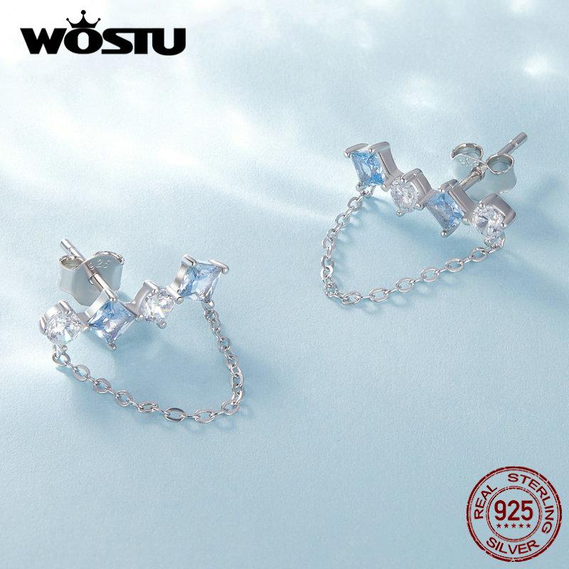 

WOSTU стерлингового серебра 925 пробы нежные синие и белые квадратные серьги-цепочки с кубическим цирконием для женщин ювелирные изделия подарок на день рождения 925 silver