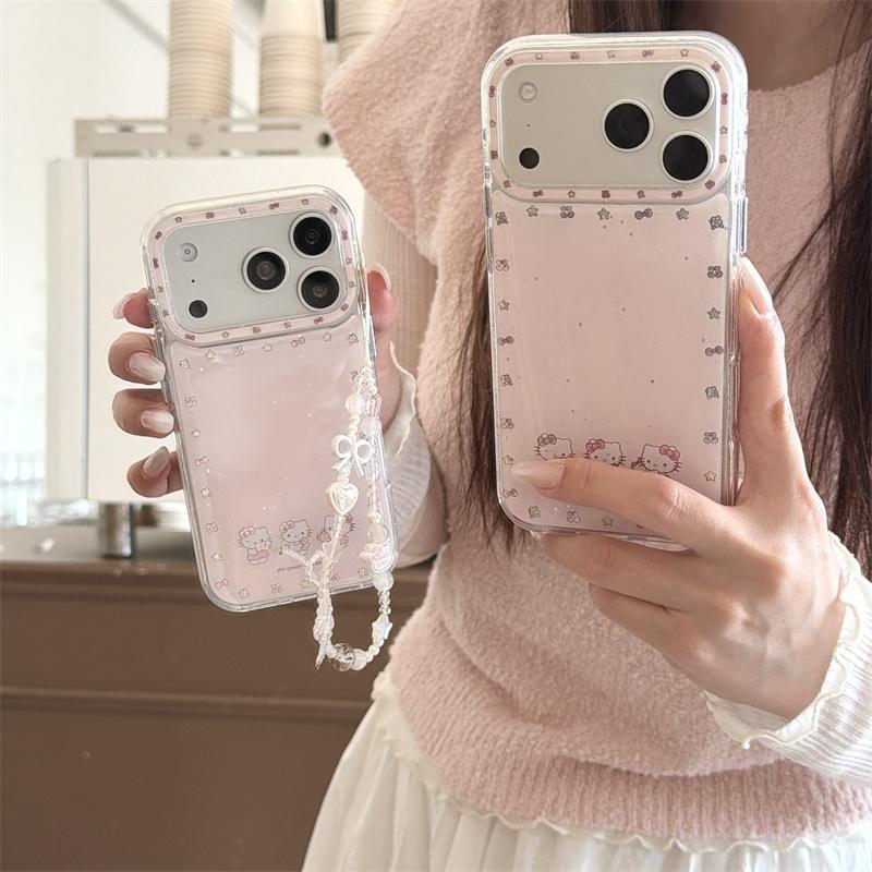 Kawaii Hello Kitty Pink Glitter Phone Case For iPhone 15 16 17 Pro Max Bow Star Pattern Clear Soft TPU Shockproof Cover with Cha