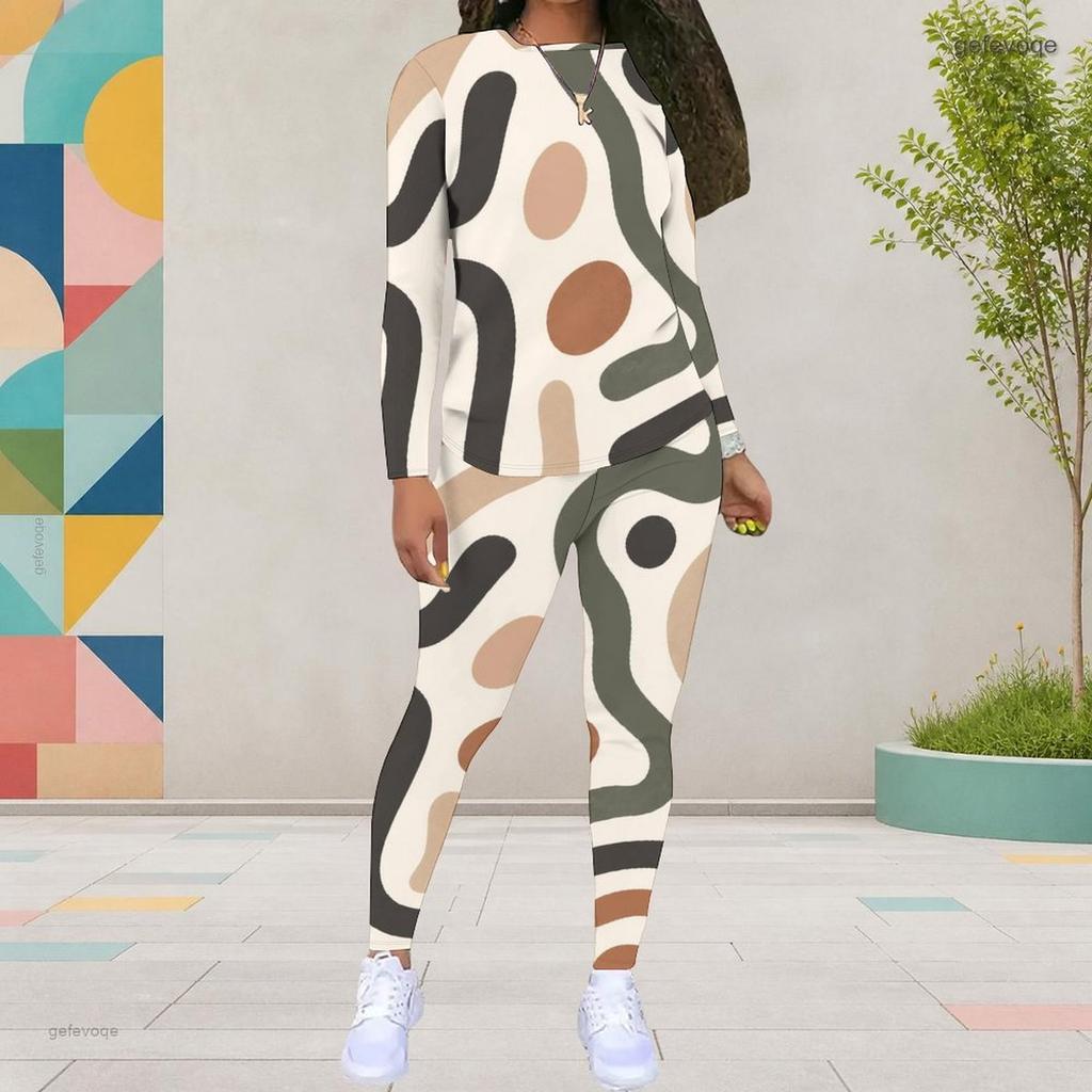 Women Plus Size Round Neck Long Sleeve Printed Top And Fitted Pants Two Piece Set