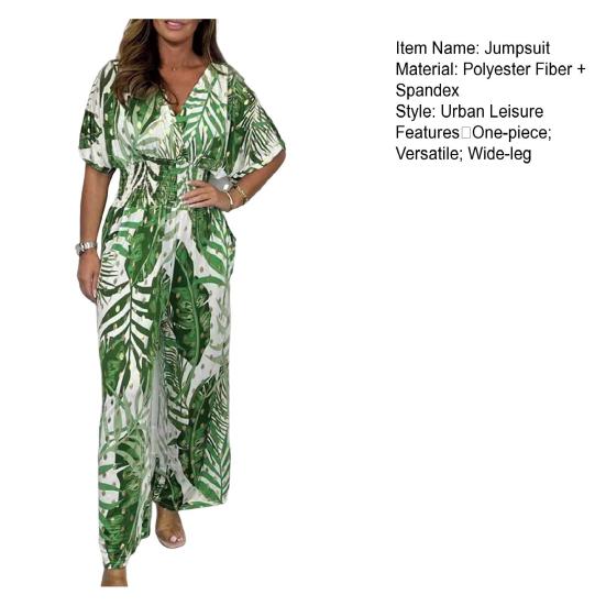 Women Floral Print Jumpsuit with V-neck Elastic High Waist Wide-leg Romper Casual One-piece Outfit  for Summer Beach Travel Daily Wear