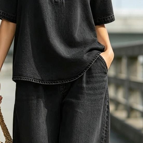 Women's Summer 2 Piece Denim Set Short Sleeve Lapel V Neck Top And Wide Leg Pants Tracksuit Casual Vacation Outfits with Pockets