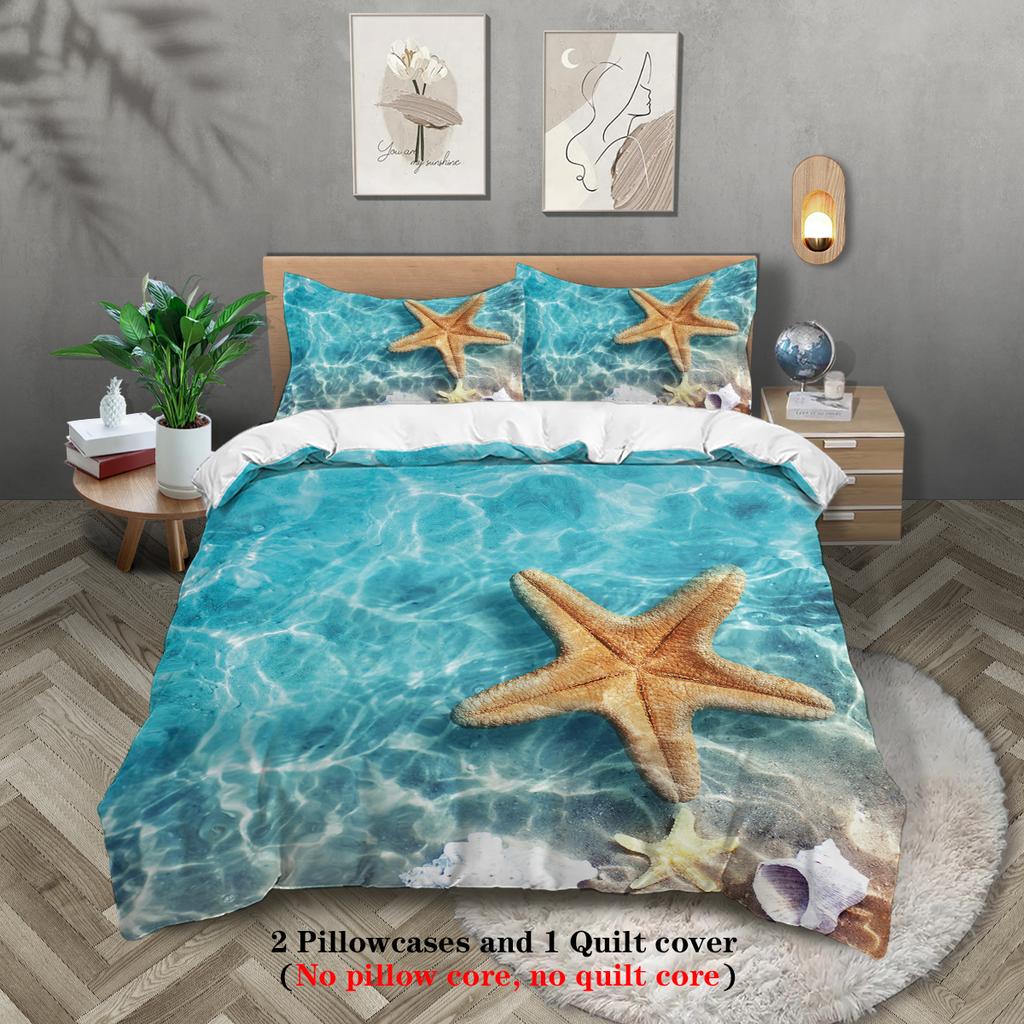 3-piece Beach Starfish Pattern Print (1 Duvet Cover+2 Pillowcases, No Core) Soft and Comfortable Bedding Set