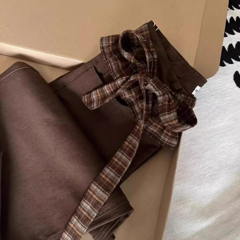 Coffee Double Waist Butterfly Strap Jeans for Women In Spring and Summer Design Straight Loose Wide-leg Pants