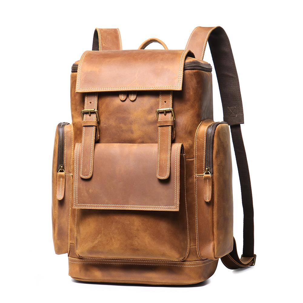 Mochila de Couro Crazy Horse Vintage Bolsa de Viagem de Couro para Exterior Grande Capacidade Mochila de Couro de Vaca para Homens