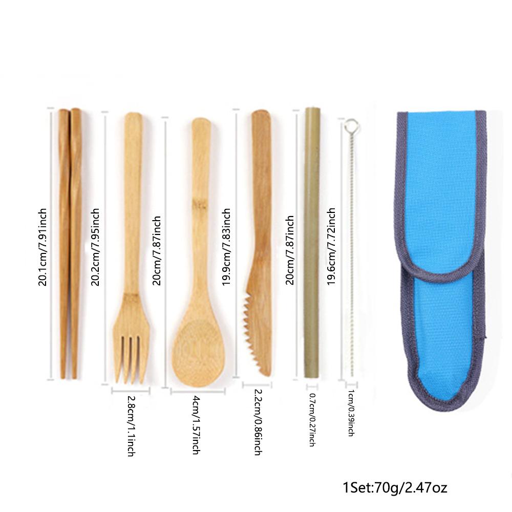 Set di Posate da Tavola Ecologico da 7 Pezzi Bambù Portatile Posate Coltello da Cena Forchetta Cucchiaio Bacchette Cannuccia con Borsa Set di Posate da Viaggio