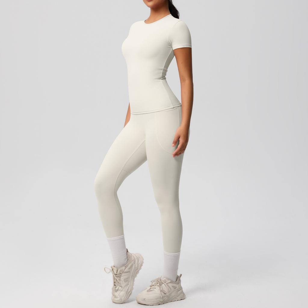 Solid Color Double-sided Brushed Breathable High Elasticity Tight Yoga Suit Set, Sports Running Fitness Two-piece Set