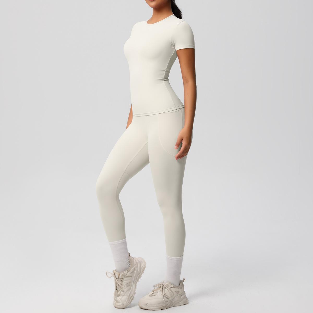 

Однотонный двухсторонний брашированный дышащий комплект для йоги с высокой эластичностью и плотной посадкой, спортивный комплект из двух предметов для бега и фитнеса S бежевый