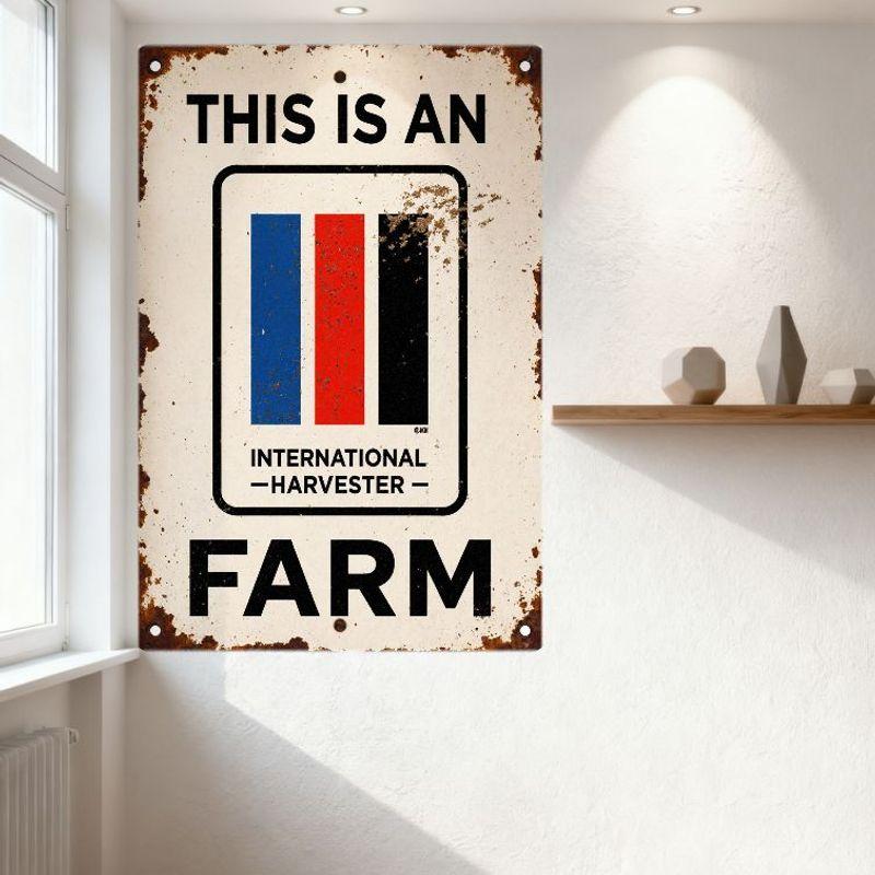 Vintage Harvest International Farmer Tin Sign, Weathered Metal Wall Decor with Rust Spots, Farmhouse Home Bar Pub Decoration