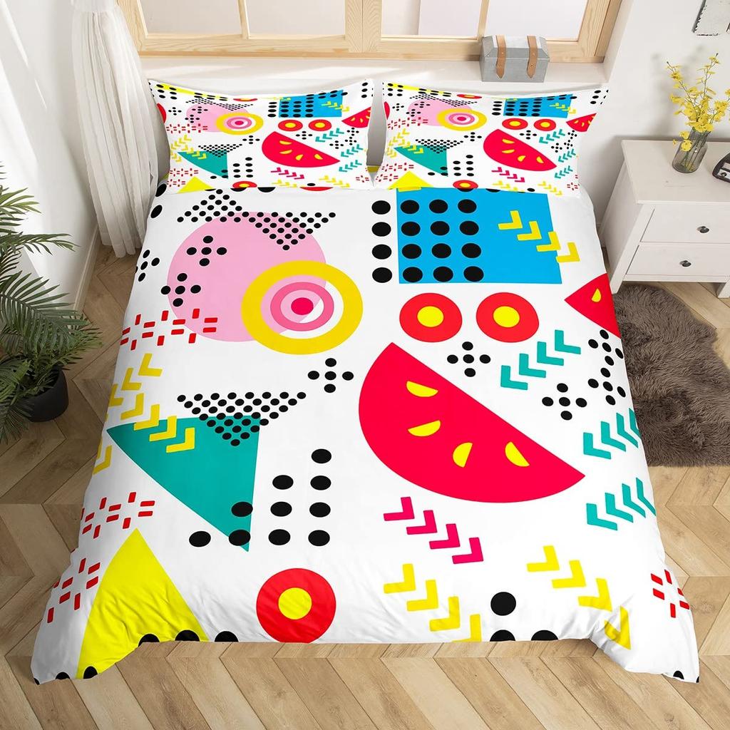 Blau Pink Memphis Bettwäscheset Bunte Abstrakte Bettbezug Hippie Hip Hop Deckenbezug Geometrisch Vintage Mode Steppdeckenbezug