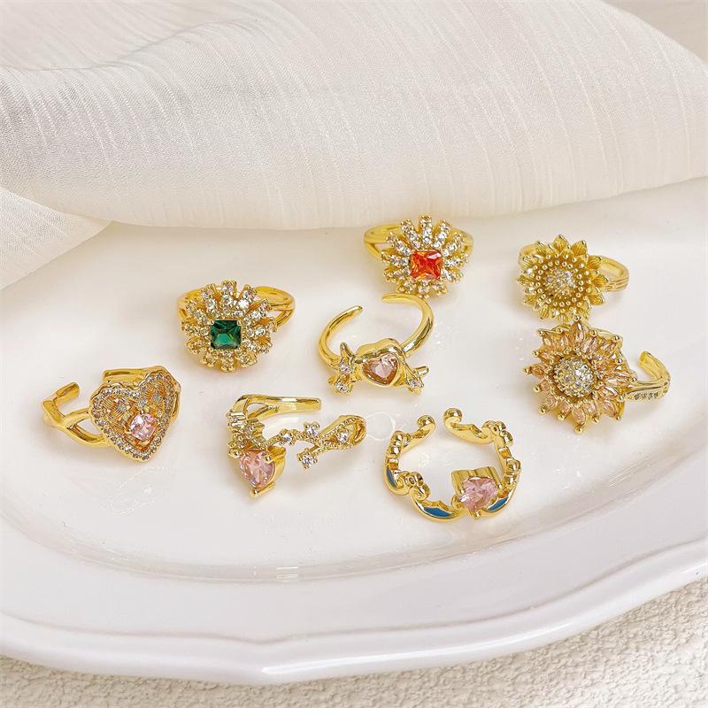 Caibao Series Light Luxury Elegant High Sense Exquisite Full Of Diamonds Zircon Flower Opening Ring Medieval Woven Index Finger Ring