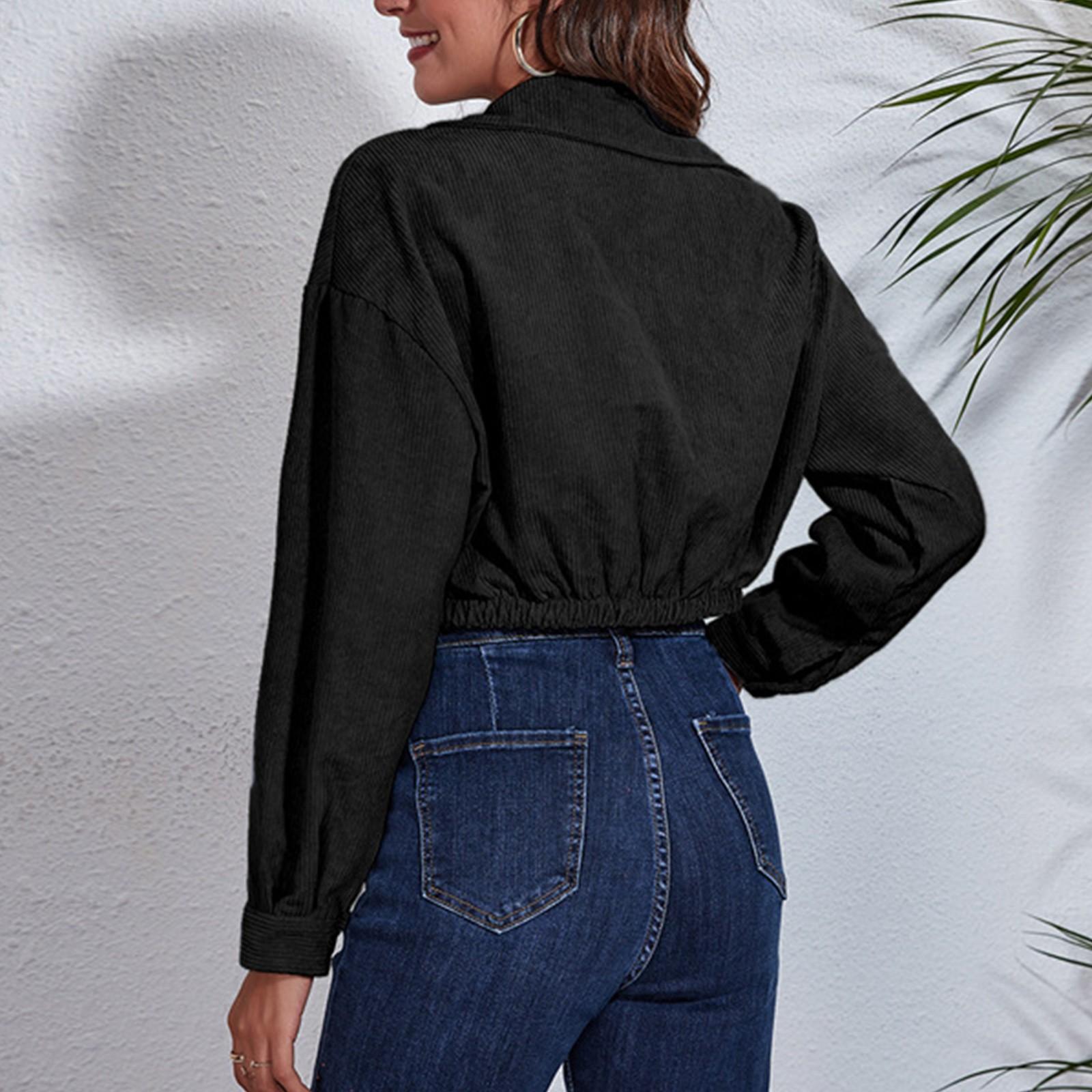 Женская повседневная свободная вельветовая укороченная куртка с заниженными плечами — фото 5