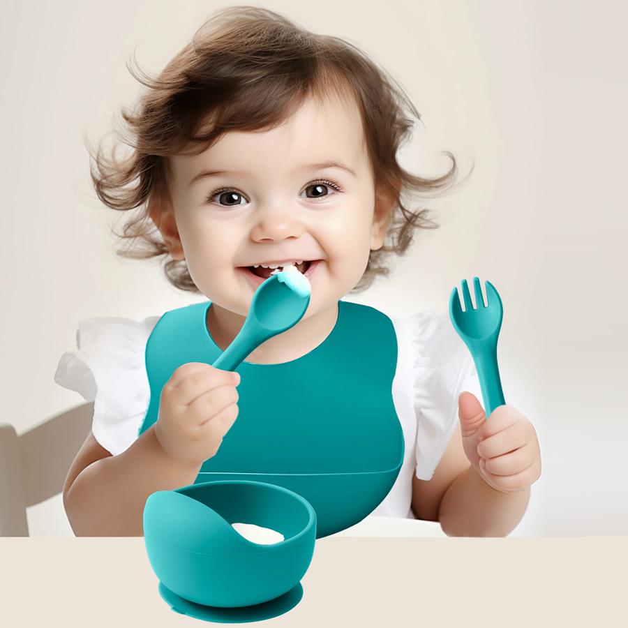 Color Kids 4PCS Silicone Baby Feeding Set With Spoon Bib Suction Bowl BPA Free Toddler Training Spoon Fork Tableware Baby Stuff