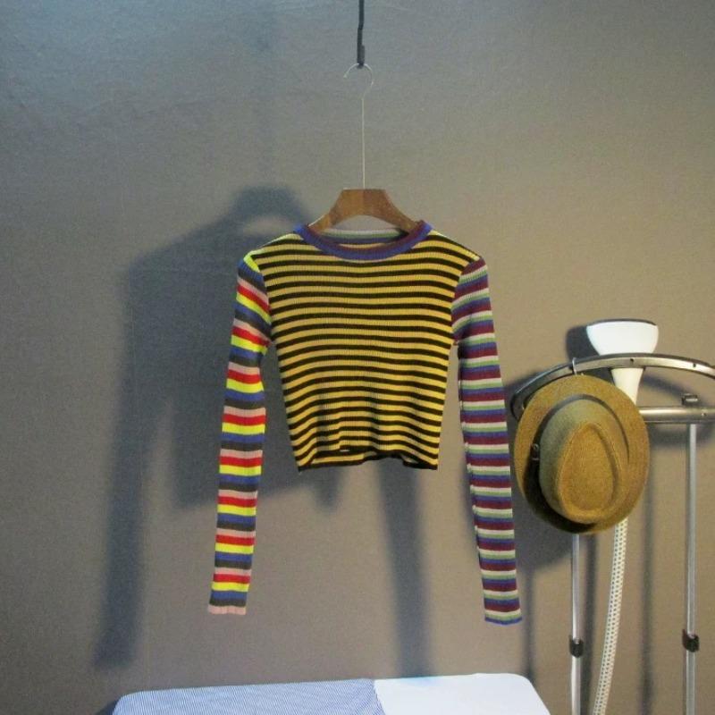 

Полосатая трикотажная футболка осенняя женская студенческая ветровая повседневная короткая футболка женская укороченная футболка с длинным рукавом XL коричневый