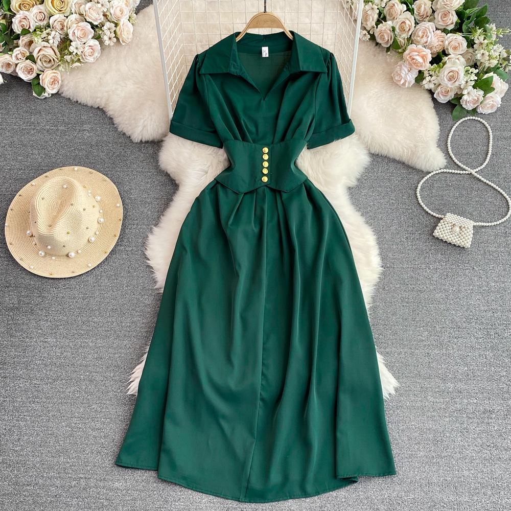 Abito camicia midi vintage da donna, estivo, a collo alto, a maniche corte, a vita alta, sottile, a trapezio, Robe Femme