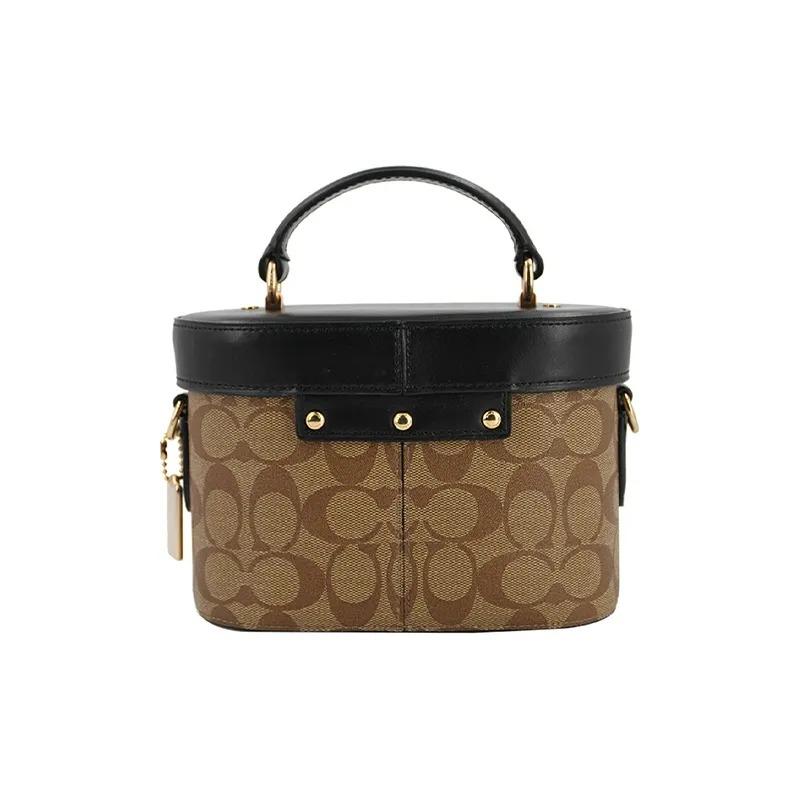 Coach Kay 20 Classic Full-Print Logo Box Bag Single Shoulder Crossbody Bag PVC with Leather Handbag Small Female Black and Brown Patchwork Pattern