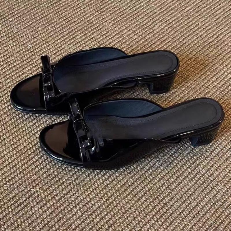 Fashion New Women's Summer Patent Leather Butterfly-knot Slippers Street Style Square Toe Dress Shoes Outdoor Ladies Thick Heel Slides