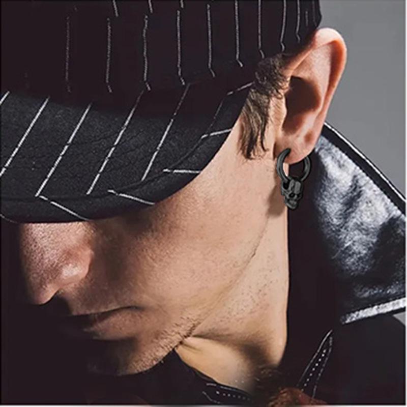 1 Pair Of Black Skull Head And Hoops Luxury Earrings of Men's Earring For Jewellery 2024,men's Stainless Steel Earring