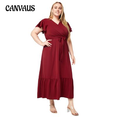 Plus Size Women's Dress Summer V-neck Short-sleeved Solid Color Temperament Elegant Swing Dresses