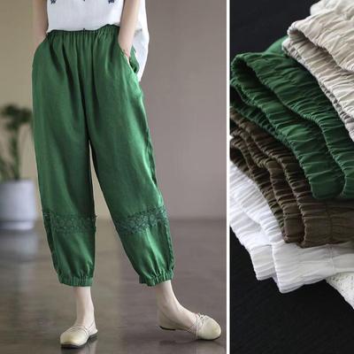 Pantalon Harem d'Été pour Femme en Coton et Lin avec Broderie en Dentelle - Taille Élastique, Coupe Courte et Ample