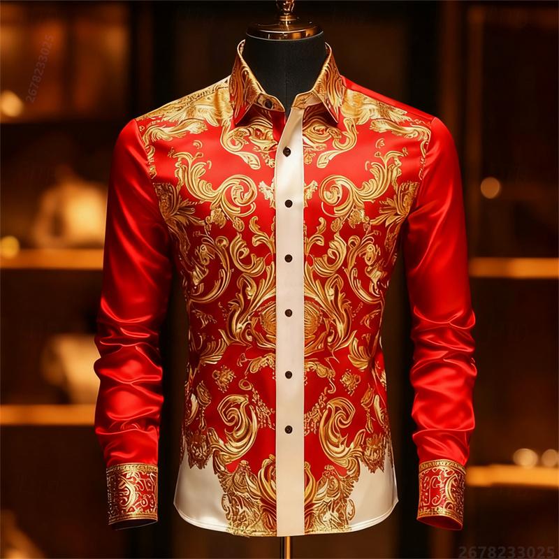 Camisa de Hombre de Manga Larga Estampada en 3D de Lujo, Camisa de Vestir Ajustada con Patrón Dorado Barroco, Camisa de Hombre para Banquetes de Negocios