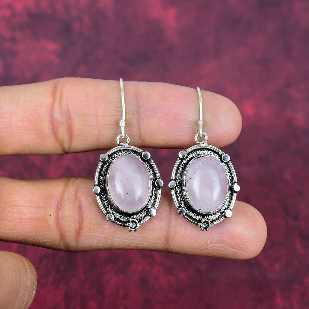 Örhängen i sterlingsilver i rosenkvarts 925, handgjorda ädelstensörhängen, presenter till frun, helt nya örhängen