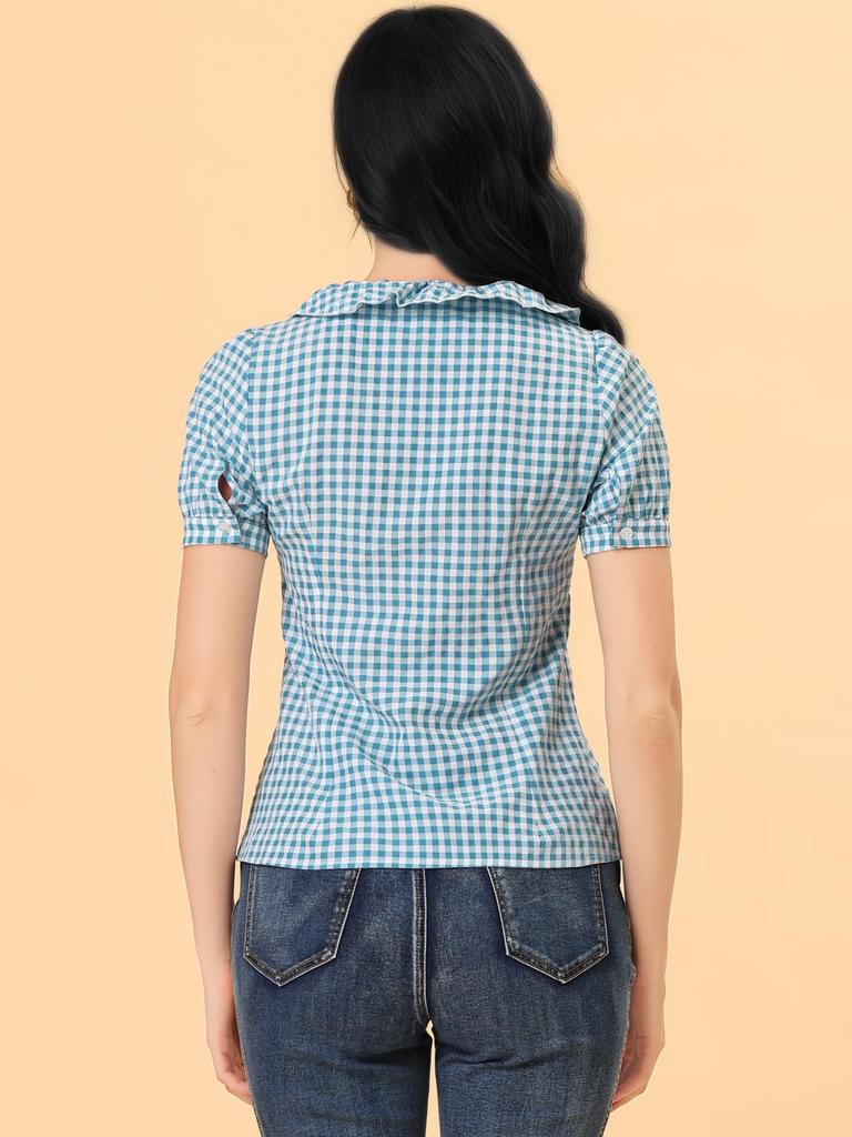 Short Sleeve Ruffled Check Pattern Puff Casual XL [Allegra K] Women's Blouse, Blouse, Shirt, Office, Sleeve, Top, Slimming, Stylish, Commuting, OL,