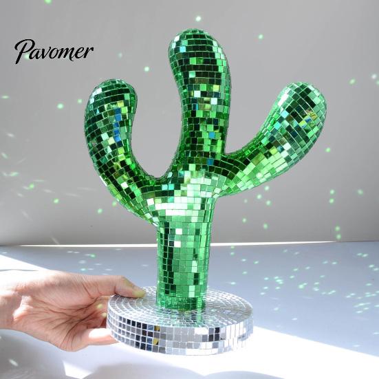 Decorative Object for Entryway Table Disco Ball Cactus Statue, Green Mirror Mosaic Decor, Retro Decor Ornament Home Christmas Party Display