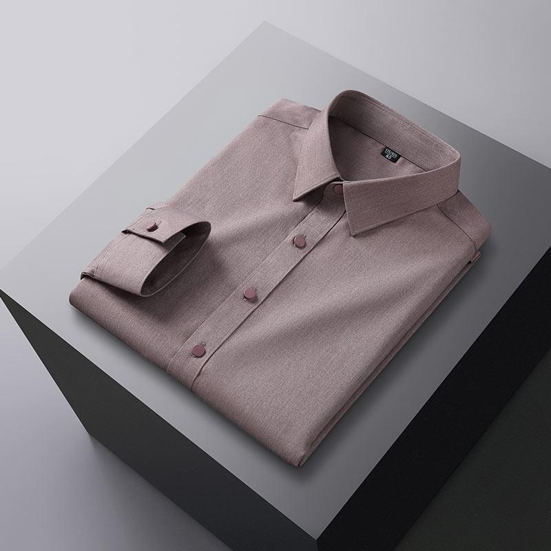 New 2023 Solid Mens Office Shirts Long Sleeve Bamboo Fiber Stretch Business Male Tops Without Chest Pocket