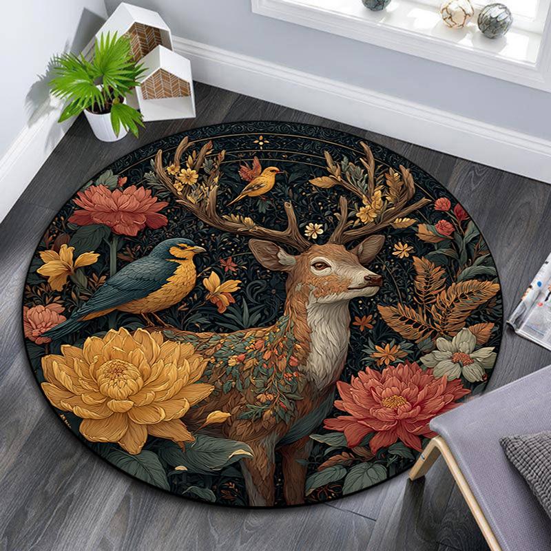 Deer in the Garden Round Area Rug,Carpet Rug for Living Room Bedroom Sofa Playroom Decor,Non-slip Floor Mat
