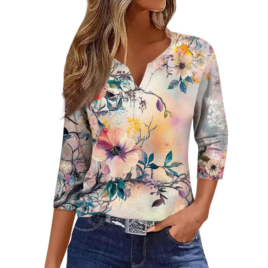 Women's Loose Casual Flower Print Seven Quarter Sleeved V-Neck Top Seven Quarter Sleeved V-Neck Top