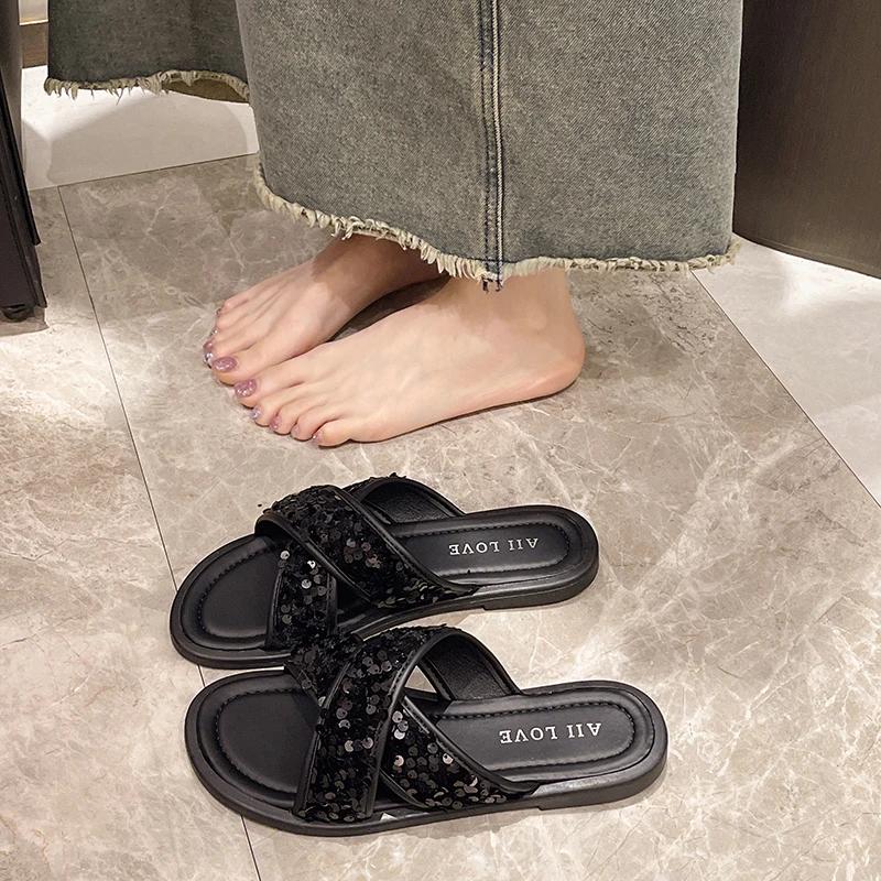 2024 New Women's Summer Slippers Fairy Slippers With Sequined Flat Slippers Fashion Beautiful Charming Cross Comfortable Sandals