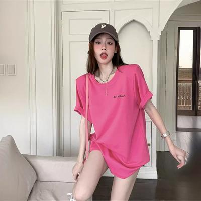 Dragon Fruit Color Pure Cotton Front Shoulder Short-sleeved T-shirt Women's Summer Hong Kong Style Loose Printing Medium and Long Lower Clothes