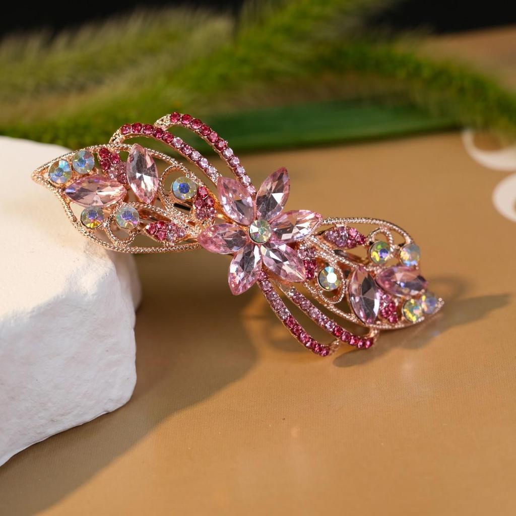 Pince à cheveux fleur strass polyvalente: Pince à ressort queue de cheval en alliage élégant pour femmes
