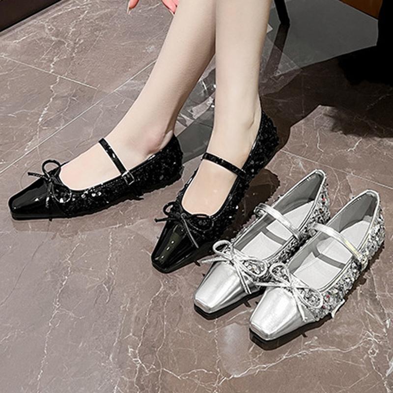 Fashion 2025 Silver Paillette Flats Ballets Shoes Woman Belt Buckle Mary Janes Pointed Toe Dress Loafers Brides Wedding Bowtie Ballerina