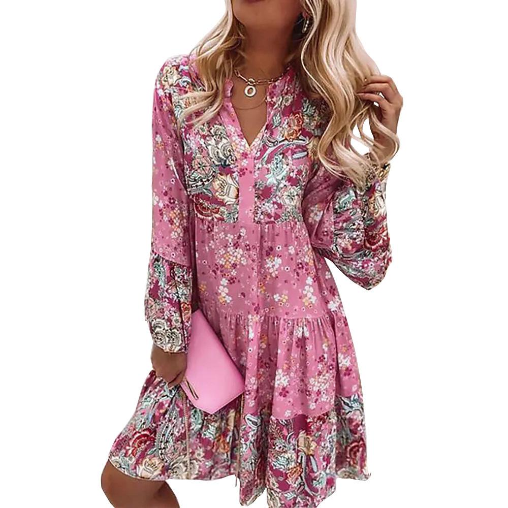 Summer Printed Dress, Loose and Fashionable V-neck Chiffon Pleated Dress